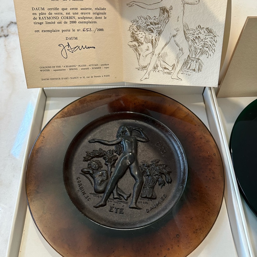 Vintage Daum Pate De Verre Four Seasons Plates in Original Boxes numbered 653 - Picture 10 of 11